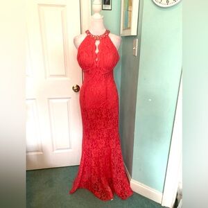 Elegant Coral Lace Halter Gown